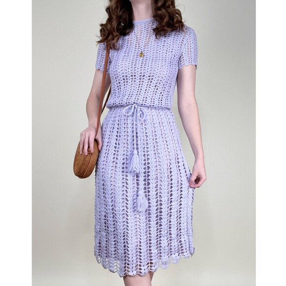 Vintage Handmade Crochet Knit Midi Dress Hand Made Easter Swim Suit Cover Up - Picture 1 of 6